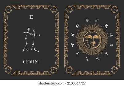 Gemini zodiac constellation on black background, drawn horoscope card in engraving style. Vintage illustration of astrological sign with Sun and Crescent in vector.