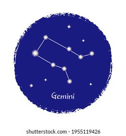 Gemini zodiac constellation sign on dark background. Shining stars in the night sky. Vector illustration.