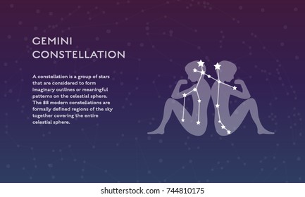 Gemini zodiac constellation vector sign with silhouette. Modern poster design with place for text 