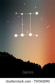 Gemini zodiac constellations sign with forest landscape silhouette on beautiful starry sky with galaxy and space behind. Gemini horoscope symbol constellation on deep cosmos background. Card design