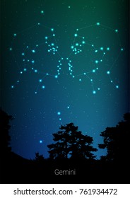 Gemini zodiac constellations sign with forest landscape silhouette on beautiful starry sky with galaxy and space behind. Gemini horoscope symbol constellation on deep cosmos background. Card design