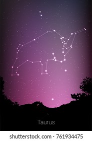 Gemini zodiac constellations sign with forest landscape silhouette on beautiful starry sky with galaxy and space behind. Gemini horoscope symbol constellation on deep cosmos background. Card design