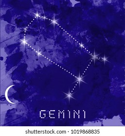 Gemini zodiac constellations sign on beautiful starry sky with galaxy and space behind. Gemini horoscope symbol constellation on deep cosmos background. vector watercolor style 