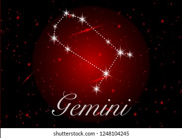 Gemini zodiac constellations sign on beautiful starry sky with galaxy and space behind. Gemini horoscope symbol constellation on deep red cosmos vector background.