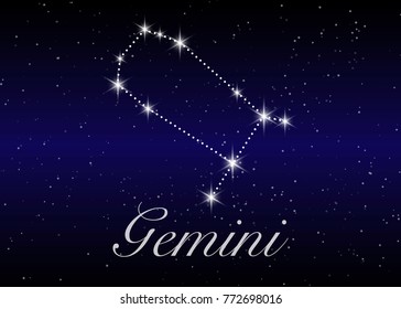 Gemini zodiac constellations sign on beautiful starry sky with galaxy and space behind. Gemini horoscope symbol constellation on deep cosmos background.