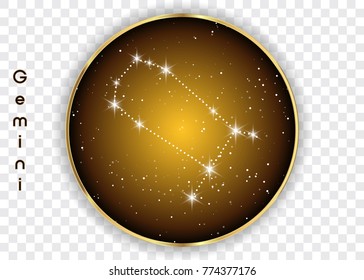 Gemini zodiac constellations sign on beautiful starry sky with galaxy and space behind. Gemini horoscope symbol constellation on deep cosmos background. Vector isolated 
