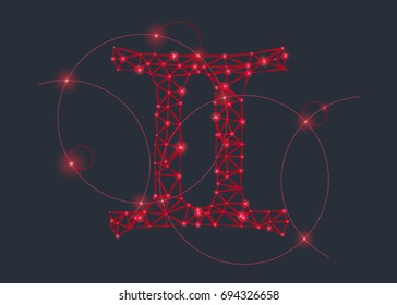 Gemini. Zodiac Design. Neon horoscope with signs of zodiac. Vector illustration
