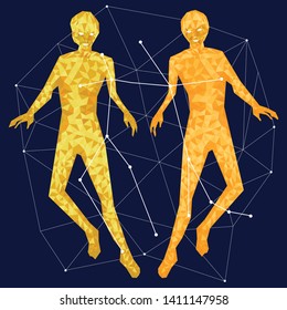 Gemini zodiac golden vector sign on the dark blue background. Vector horoscope symbol gemini for astrology predictions. Gold design zodiac sign of horoscope constellation vector stars