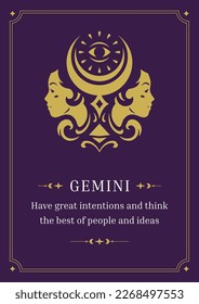 Gemini zodiac horoscope astrology description text vintage poster design template vector illustration. Esoteric mythology two woman faces with half moon and all seeing eye purple decorative design