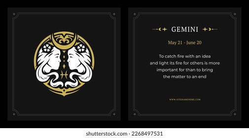 Gemini zodiac horoscope description data black vintage card set design template vector illustration. Twins astrology impression character mythology esoteric celestial lunar calendar fortune prediction