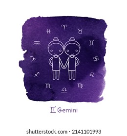 Gemini Zodiac horoscope sign. Cute girls with twelve constellation icons on purple, dark blue watercolor background. Vector hand drawn illustration