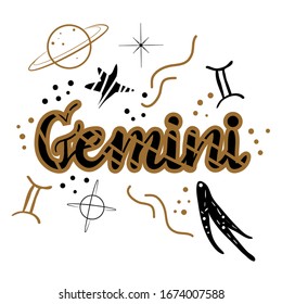 Gemini zodiac illustration. Hand painted lettering poster.
