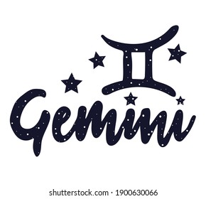 Gemini zodiac lettering sign. Handwritten astological card text. Typography font horoscope symbol icon. Astrology sticker. Astronomy badge. Stock illustration. Lettering text. Stars and patterns.