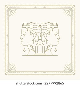 Gemini zodiac line art deco antique card vintage golden frame design vector illustration. Twins woman mythology esoteric constellation astral celestial horoscope astrological mystic lunar calendar