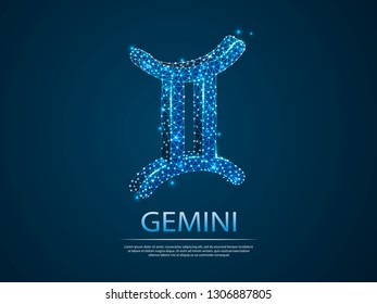 Gemini Zodiac low poly abstract illustration consisting of points, lines, and shapes in the form of planets, stars and the universe. Vector digit wireframe concept. business concept