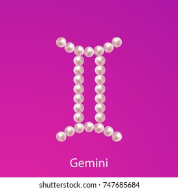 Gemini zodiac made of realistic realistic glamour pearl beads. Extraordinary astrology sign. Luxury horoscope symbol. Expensive sign. Vector illustration for your design.
