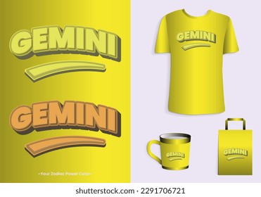 Gemini zodiac power color is yellow. Typhography t-shirt, mug and tote bag merchandise print design