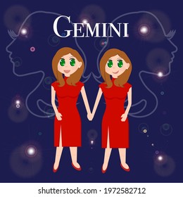 Gemini zodiac sign. Anime girls in red dresses and red shoes, holding hands. Against the background of a dark blue sky. Above there is an inscription.

