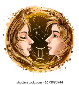 Gemini es un signo del zodiaco. Imagen artística, coloreada, dibujada del zodiaco gemini con un símbolo y una estrella en estilo acuarela sobre un fondo blanco.