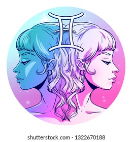 Gemini zodiac sign artwork, beautiful girl face, horoscope symbol, star sign, vector illustration