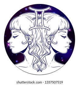 Gemini zodiac sign artwork, beautiful girl face, horoscope symbol, star sign, vector illustration