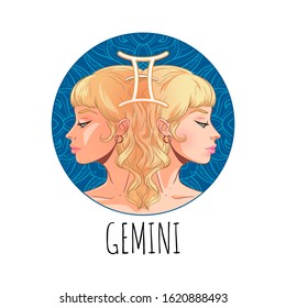 Gemini zodiac sign artwork, beautiful girl face, horoscope symbol, star sign, vector illustration
