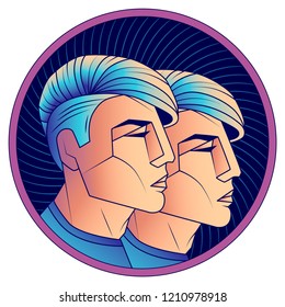 Gemini zodiac sign, astrological horoscope symbol. Futuristic style icon. Stylized graphic portrait young guys from the future with stylish modern hairstyle Undercut and blue hair. Vector illustration