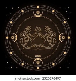 Gemini zodiac sign, astrological horoscope sign in a mystical circle with moon, sun and stars. Golden design, vector	

