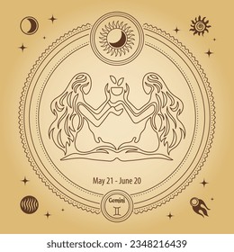 Signo de Gemini Zodiac, signo de horoscopio astrológico. Dibujo de esquema en un círculo decorativo con símbolos astronómicos místicos. Vector