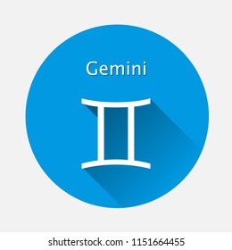 Gemini zodiac sign. Astrological symbol icon in circle with  long shadow  on blue background. Layers grouped for easy editing illustration. For your design.