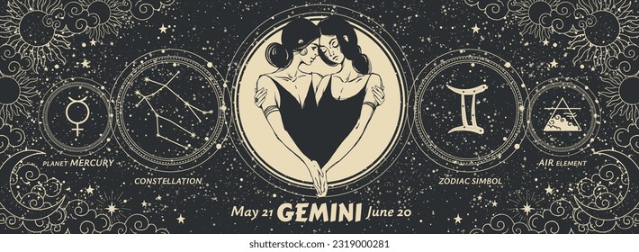 Gemini zodiac sign astrology card, two girls aesthetic hand drawing symbol, air element, date, pictograms. Horoscope vector banner, mystical black starry boho background.