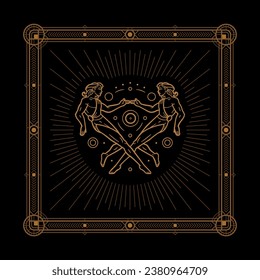 Gemini zodiac sign and astrology symbol, element. Modern outline vector illustration. Black background.