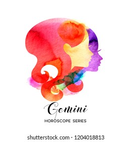 Gemini zodiac sign. Beautiful girl silhouette. Vector illustration. Horoscope series