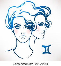 Gemini zodiac sign as a beautiful girl. Ink and watercolor fashion vector illustration 