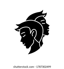 Gemini zodiac sign black glyph icon. Astrological birth sign. Horoscope twins silhouette symbol on white space. Identically looking people, twin brothers. Two faces vector isolated illustration