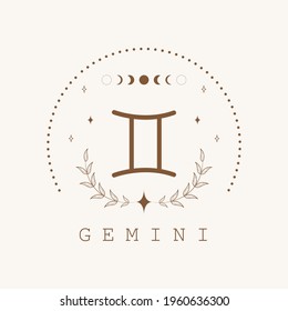 Gemini. Zodiac sign in boho style. Astrological icon isolated on white background. Mystery and esoteric. Horoscope logo vector illustration. Spiritual tarot card.