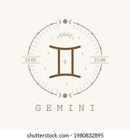 Gemini. Zodiac sign in boho style. Astrological icon isolated on white background. Mystery and esoteric. Horoscope logo vector illustration. Spiritual tarot card.