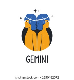 Gemini zodiac sign. Bright astology icon with handwritten title isolatedon a white background. Vector shabby hand drawn illustration