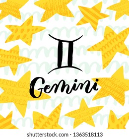 Gemini zodiac sign with brush lettering and cute star background. Handwritten typography. Horoscope sign. Ready-to-print design template. Clothes badge,icon,logo,banner,tag. Vector illustration.