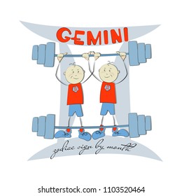 GEMINI. Zodiac sign by month. Poster, emblem, icon with a zodiac sign in a comic style. Design for postcards, textiles, ceramics, gift wrapping.