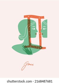Gemini zodiac sign card. Female green silhouette with a twin. Vector illustration of an astronomical sign with a girl isolated. Gemini zodiac horoscope.