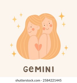 Gemini - zodiac sign. Cartoon vector illustrations in flat style. Beautiful twins women with stars. Astrology symbol. Template for greeting card or banner