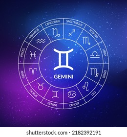 Signo de zodiaco de Gemini. Círculo zoíaco sobre un fondo azul oscuro del espacio. Astrología. Cosmograma. doce signos del zodiaco. Ilustración del vector