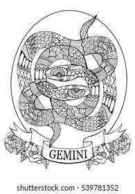 Gemini zodiac sign coloring book for adults vector illustration. Anti-stress coloring for adult. Tattoo stencil. Zentangle style. Black and white lines. Lace pattern