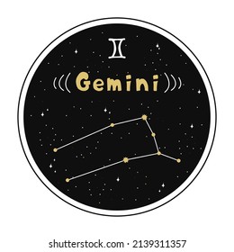 Gemini. Zodiac sign and constellation in a circle. Set of zodiac signs in doodle style, hand drawn.