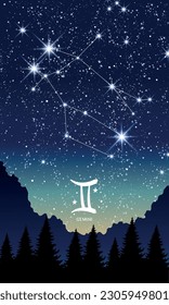 Gemini zodiac sign, constellation in the night sky, landscape vertical postcard for stories. Template for astrology, fortune teller, astronomy calendar. Modern vector illustration.