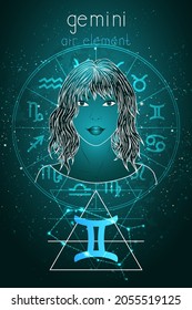 Gemini zodiac sign, constellation and portrait beautiful girl on abstract background with horoscope circle. Mysticism, esoteric, astrology. Air element.