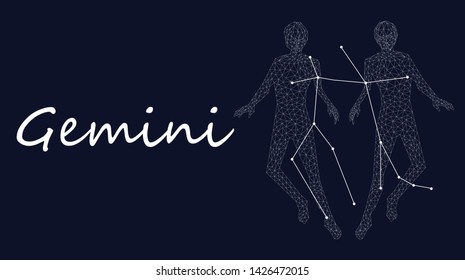 Gemini Zodiac sign constellation vector. Horoscope sign constellation stars. Abstract crystal space dark sky background with dots stars. Vector Astrology silhouette gemini illustration white symbol
