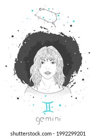 Gemini zodiac sign and constellation. Vector illustration with a beautiful horoscope symbol girl on grunge background. 