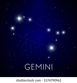 Símbolo zodíaco gemini, constelações e símbolo astronômico vetorial. Estrelas brilhantes no céu noturno, astrologia e parte do sistema zodiacal e calendário antigo. Horóscopo oriental, mapa cósmico da galáxia